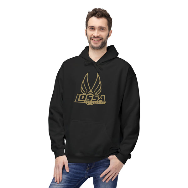 Man wearing a black Lossa engineering hoodie with a logo
