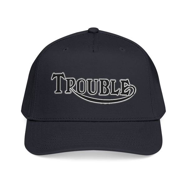 Black cap with 'TROUBLE' text on a white background