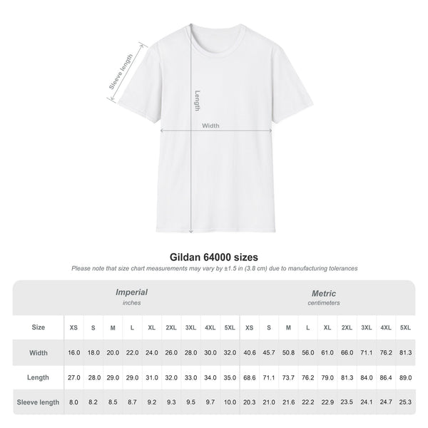 White t-shirt with size chart measurements on a white background