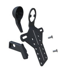 A black powder coat side mount number plate kit for motorcycles, including a stainless steel axle plate bracket, a laser cut aluminum side mount plate mount kit, and a billet aluminum pillbox with a micro LED license plate light.